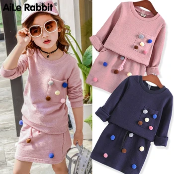 R & Z/Komplet Zimske odjeće za djevojčice, Košulja s dugim rukavima i Loptom, olovka suknje Ružičaste i Plave Boje, Moderan Komplet za dječju odjeću