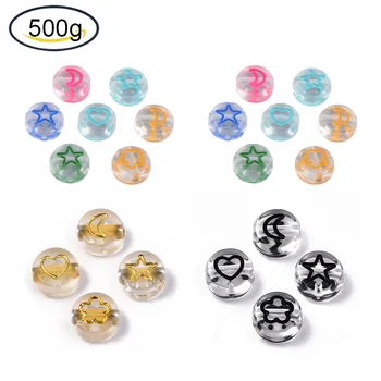 500 g Prozirne akrilne perle ravne Okrugle perle u obliku Meseca, Srce, cvijet, Zvijezdu Za izradu nakita, 7x4 mm, otvor: 1,5 mm; oko 3700 kom.