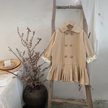Dječja haljina za Jesen-jesen 2021, Novi Stil, Korejski Trendy Baby Nabrane Haljine kaki, Двубортная Casual Odjeća