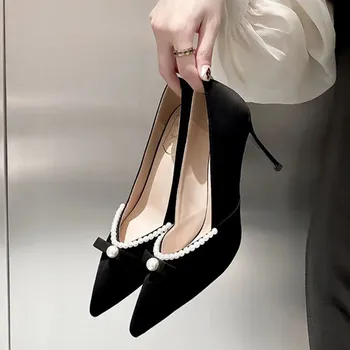 Pumpe Žena Dama Pearl Cipele Moda Cijele Crne Štikle Zašiljeni Čarapa Zurke Cipele Na Visoku Petu Moda Kvadratnom Čarapa Novi Stil 2022 