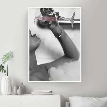 Moderan Ženski, Пьющая Ruža i Šampanjac u Kadi sa Penom, Grafike na Platnu, Moderno Slikarstvo na Zidu, Slika, Plakat za uređenje Kupaonice