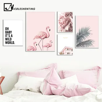 Skandinavski Flamingo Cvijet Zid Umjetnost Platnu Plakat Pink Minimalistički Print Slikarstvo Skandinavska Ukras Slika Dekor Dnevni Boravak