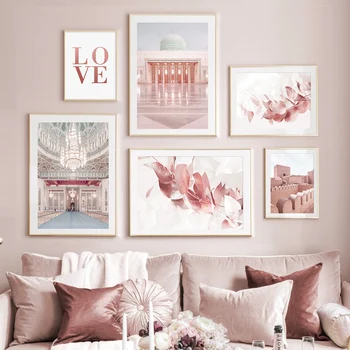 Moderni su Ružičasti Lišće Plakati s Džamijom, o Ljubavi, Slika na Platnu, Zidni Art Print, Fotografije za Dnevni boravak, Unutarnje Uređenje Doma