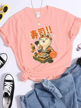 Japan Sushi Mačka Print Ženska Majica Je Cool Moda Majica Ulica Individualnost Majica Odjeća Sportska Prozračna Ženska Majica