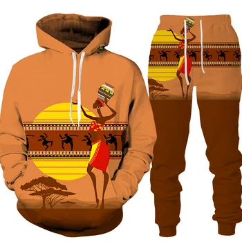 Muška majica s Kapuljačom u Afričkom stilu, sa 3D Ispis/Hlače/Apartmana, Sportski odijelo s Kapuljačom i dugih Rukava, Par Svakodnevne Odjeće Chandal Sportski Odijelo