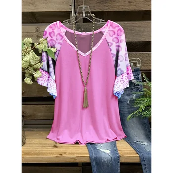 Nove Ženske Roza majice sa 3D ispis, Trendy Ženske Majice y2k s V-izrez i Kratkih Rukava u Patchwork stilu