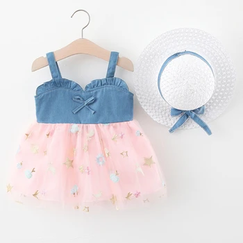 Ljetna odjeća od 2 predmeta za djevojčice, korejski modni čipkan сетчатое slatka haljina Princeze bez rukava za bebe + солнцезащитная šešir, haljine za malu djecu BC2214-1