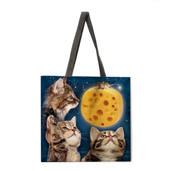 Ženska Plaža torba, sklopivi torba preko ramena, torba za kupovinu, torba sa zvjezdanim po cijeloj površini mačke, lanena torba za odmor, reusable