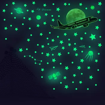 Star Mesec Avion Sjajne Naljepnice za Zid za Djecu Dječje Sobe Svijetle u Mraku Naljepnica