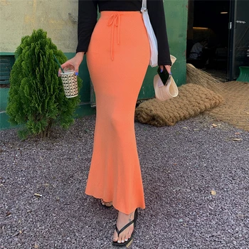 Orange Suknja Sa Žice, Ženska Vintage Korejski Suknja S Visokim Strukom, Suknje-Sirena, Seksi Oblikovana Oblikovana Elegantne Pletene Suknje