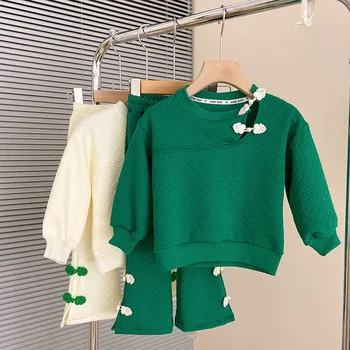 Komplet odjeće za djevojčice, Zelena Jesen Dječji Modni Komplet od Dva Predmeta za odmor, Odjeća za Djevojčice, Odijelo za Djecu, Košulja, Hlače, 2 kom