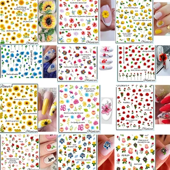 12 kom./compl., oponašaju naljepnice za nokte, Samoljepljive, s cvjetnim klizni, 3D, Šarene, ručno oslikana, tanke naljepnice za nokte u obliku cvijeća, Kit-K (8x10 cm)